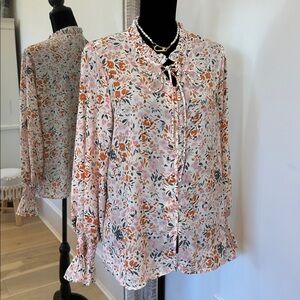 Floral Ruffle Neck Long Sleeve Blouse - Pink, Mauve, Gray, Cream & Orange Floral